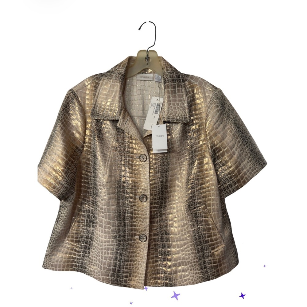 Chicos Seela Shimmering‎ Swing Jacket Neutral Metallic Croc Print Short Sleeve 3